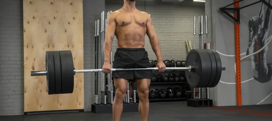 El hombre realiza entrenamiento FBW en el gimnasio.